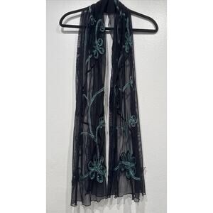 Phase Eight Black Green Tapework Sheer Scarf Y2K Look Whimsigoth Floral Sequin